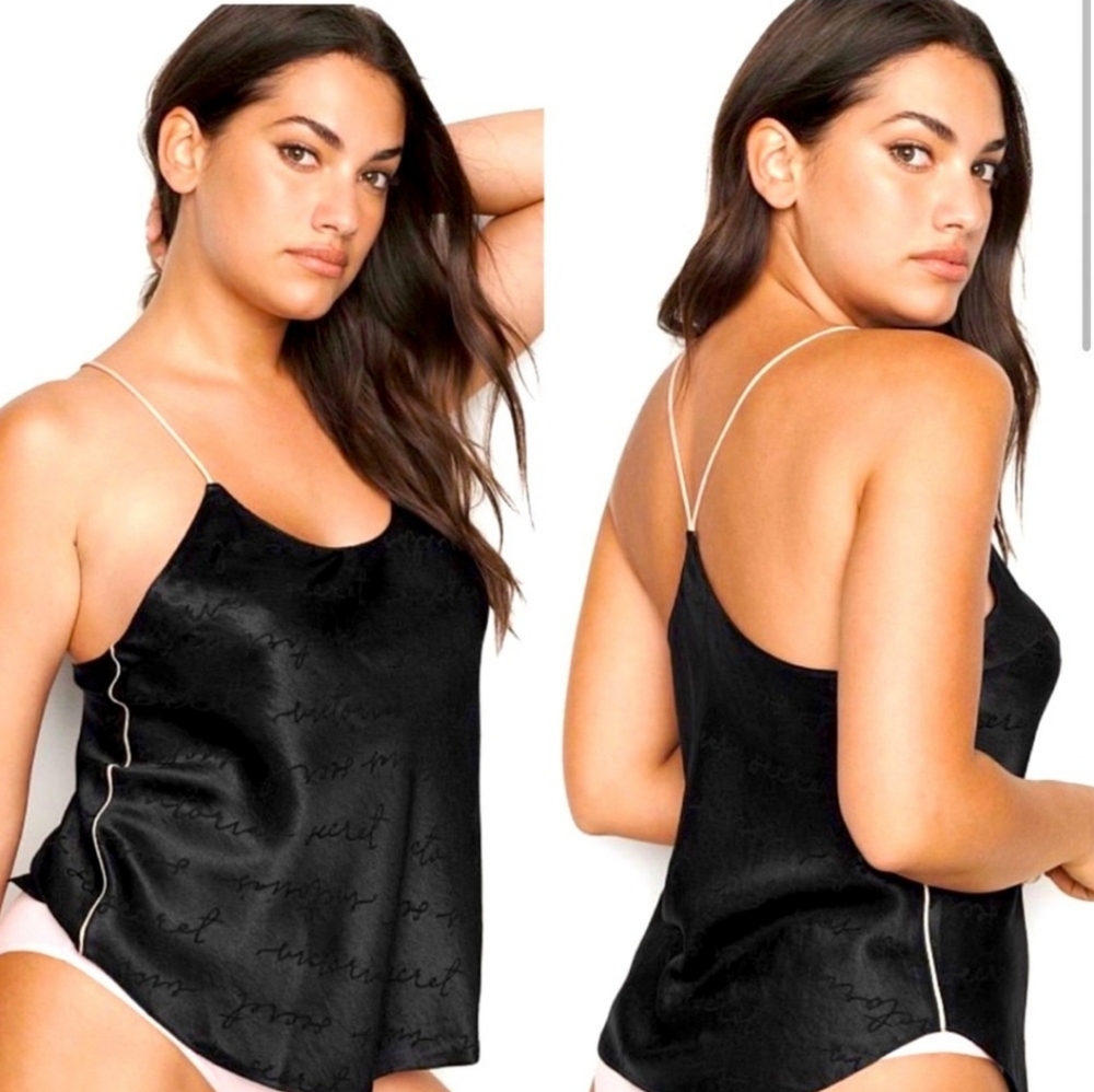 Victoria's Secret Satin Camisole Tank Racerback Black w Pink Piping Size XL